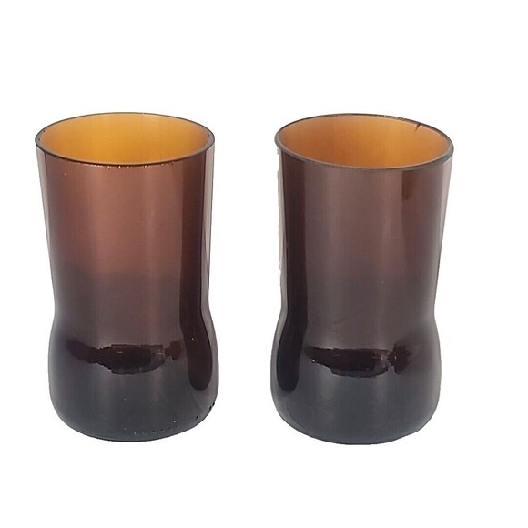 Beer Bottle Juice Glasses Curved Brown Glass Vintage Set Of 4 HTF Rare - Picture 3 of 9